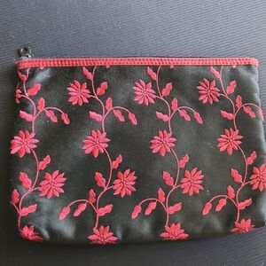Floral Embroidered Black and Red Clutch